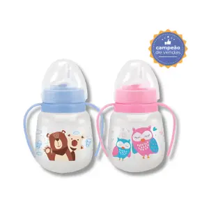 Copo Cristal Com Alça e Bico de Silicone Antivazamento Decorado 240ml