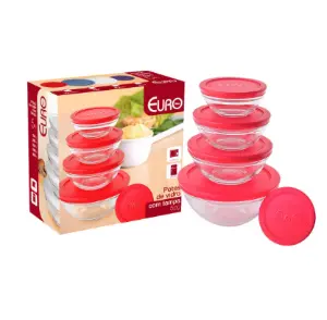 CJ. DE POTES DE VIDRO REDONDOS COM TAMPA PLASTICA 5 PC. VERMELHO VDR7090