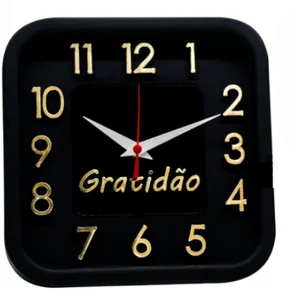 Relogio de Parede Quadrado Sigma Dourado 24 cm Gratidão -PRETO