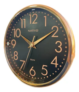 Relógio de Parede P/ Casa Escritório Sala Cozinha 23cm Rose Gold Fundo Preto